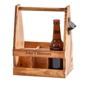 Light Wood 6 Bottle Beverage Caddy With Opener, 11.25" X 9"