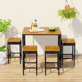 GO 5-Piece Outdoor Patio Wicker Bar Set, Garden PE Rattan Wicker Dining Table, Square Stool Set, Foldable Tabletop, Acacia Wood Tabletop, High-Dining