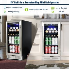 Built-in and Freestanding 15" Mini Beverage Refrigerator/Wine Cabinet, 120 Cans, 34-65°F, Quiet, Adjustable Shelves, LED Lighting, ETL , Touch Control