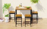 GO 5-Piece Outdoor Patio Wicker Bar Set, Garden PE Rattan Wicker Dining Table, Square Stool Set, Foldable Tabletop, Acacia Wood Tabletop, High-Dining