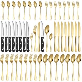 Stainless Steel Tableware 48 Pieces Suit Steak Knife Fork And Spoon (Color: Gold)