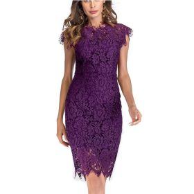 Women's Sleeveless Lace Floral Elegant Cocktail Dress Crew Neck Knee Length for Party (Color: Purple, size: M)